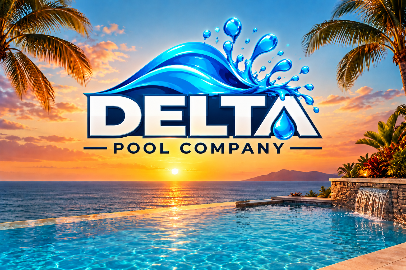 Original Delta Pool Company tropical sunset poster with the original blue wave and water drop logo
